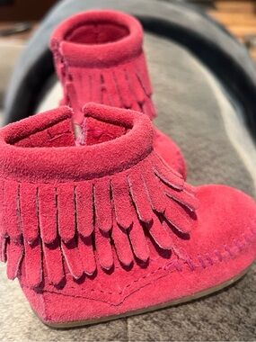 Minnetonka Pink Suede Fringe Moccasins for Kids